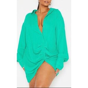 PrettyLittleThing Bright Green Textured Ruched Front Oversized Shirt Mini Dress